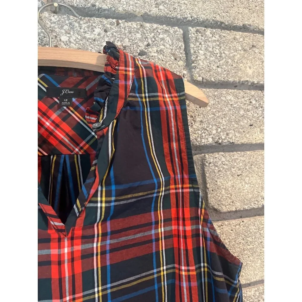 J.Crew Plaid Sleeveless Ruffle Neck Blouse In Vibrant Multicolor Tartan Pattern - Picture 4 of 5